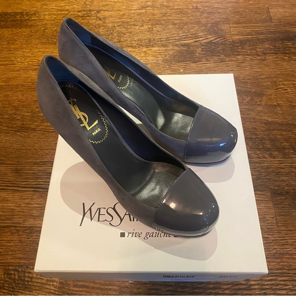 Yves Saint Laurent Rive Gauche Patent Grey/Suede Tribtoo Cap Pumps US 36.5 - Picture 5 of 9